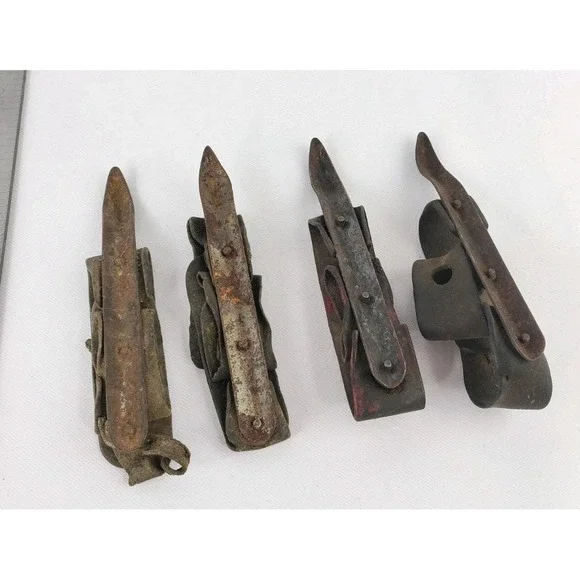 Lot 4 Vintage Primitive CORN HUSKERS Shuckers METAL & LEATHER Antique Farm Tools