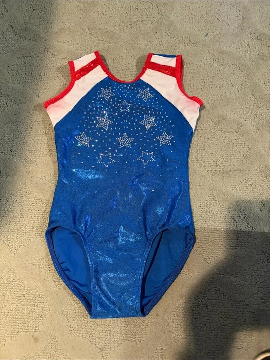 Blue Sparkle Star Gymnastics Leotard with Red Trim size c/l