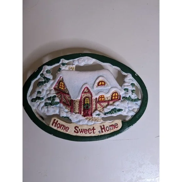 Vintage‎ Cast iron painted HOME SWEET HOME snow Christmas kitchen pot pan trivet