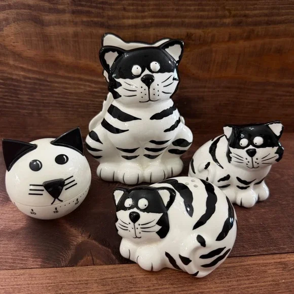VTG 3pc Burton+Burton Chester Cat & More Salt Pepper Shakers Napkin Holder Timer