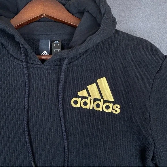 Adidas Sport ID Hoodie Mens Medium Black‎ Gold Thermal Pullover Sweatshirt