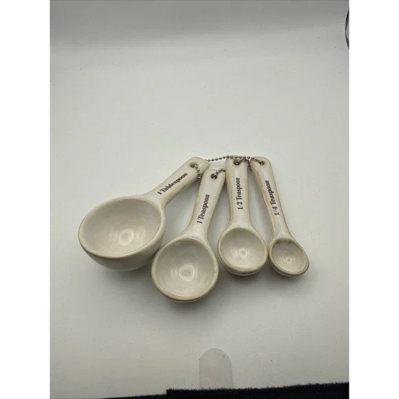 Vintage Farmhouse Ceramic Measuring Spoons Set 4 Piece Cream Stoneware Rustic