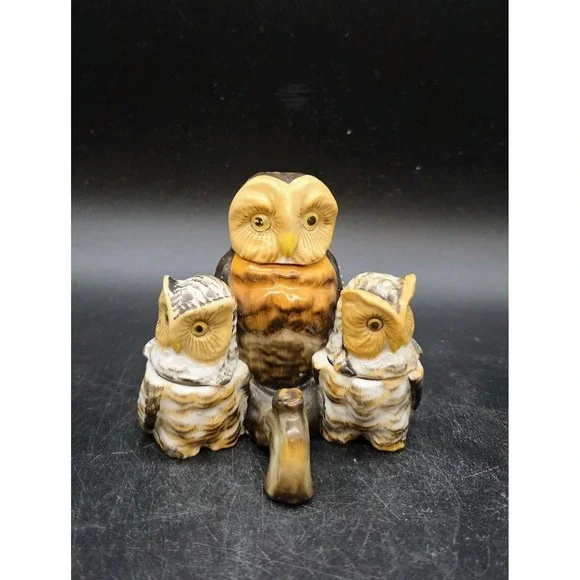 Antique Contra + Boehme Owl Condiment Set Salt Pepper Mustard Pot Germany