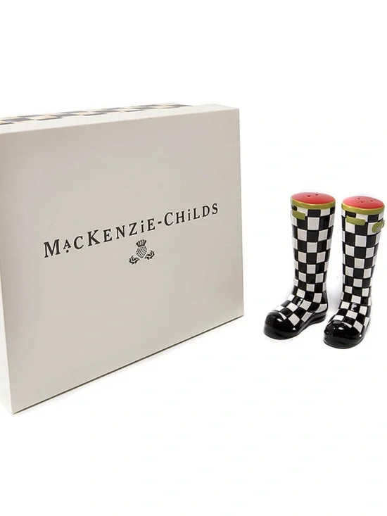 MacKenzie-Childs Courtly Check Wellies Salt & Pepper Set. NIB. 4” H / 2.5” W.