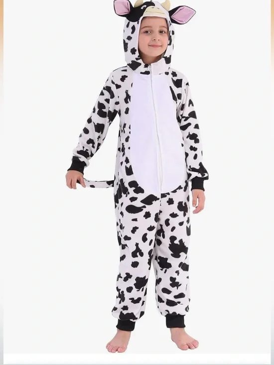 Kids Cow Onesie Costume - Black and White Plush Hooded Pajama size 4-6