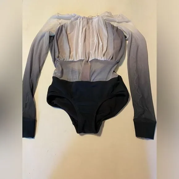 Patrick J designs dance costume black, white, ombre mesh, long sleeve leotard CL
