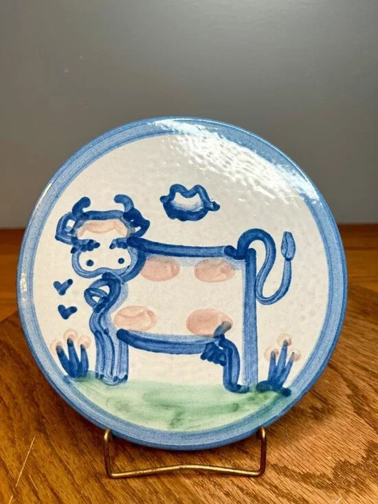M A Hadley  Pottery Country Scene Blue  Cow Trivet/ Wall Hanging