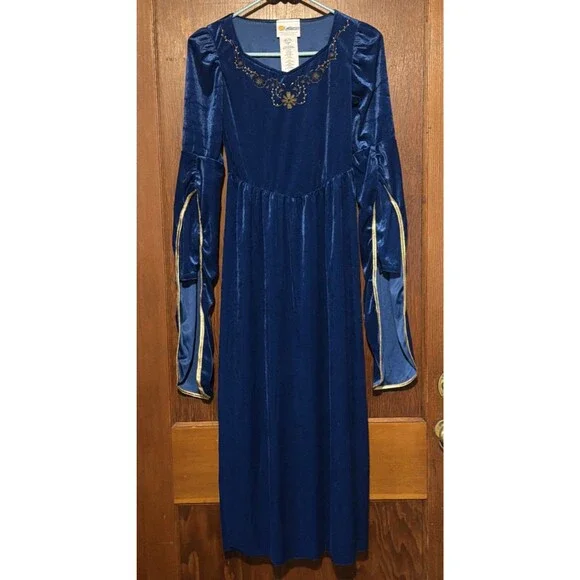Girls Medieval Blue Velvet Dress Bell Sleeves Gold Trim Costume Renaissance Sz L