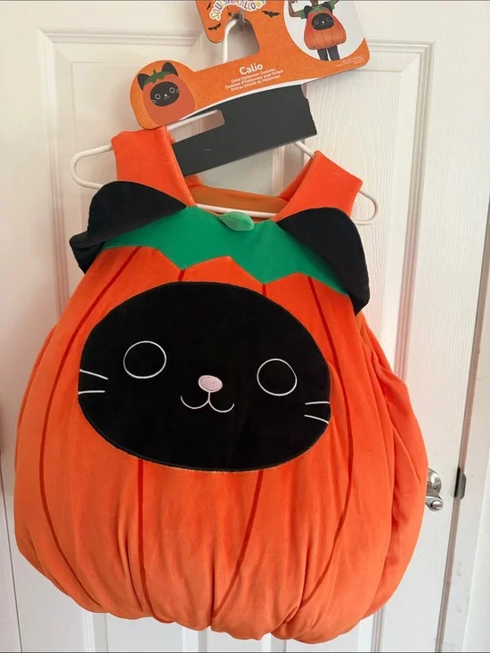 Squishmallows Orange Pumpkin Cat Costume with Black Face and Green Leaf