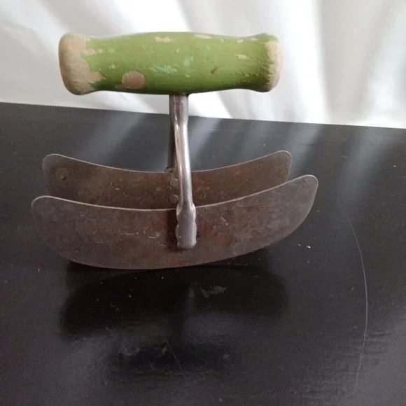 Vintage Double Blade Mezzaluna Herb Chopper Green Wood Handle Rustic Kitchen