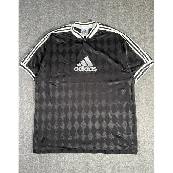 Vintage Adidas Diamond Harlequin Soccer Jersey Black White Mens XXL 90s EQT