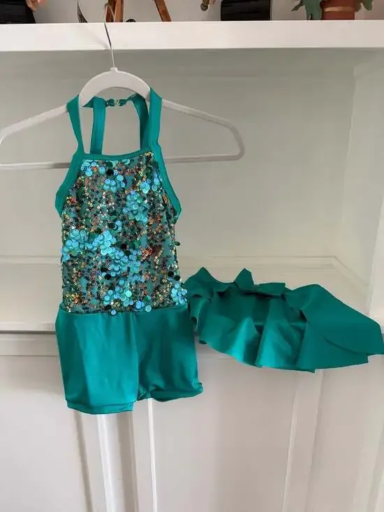Weissman Emerald Green Sequin Halter Dance Biketard with Skirt