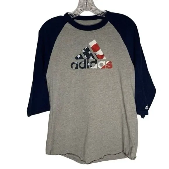 Adidas Blue Gray American Flag 3/4 Sleeve Baseball Graphic Tee Small Mens