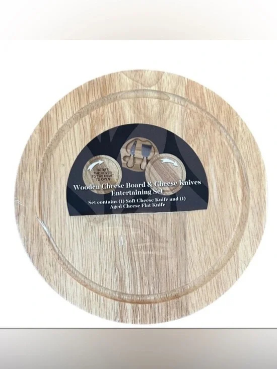 Wooden Cheese Board & Knives Entertaining Set 7” Rotate Top Cover To Open New