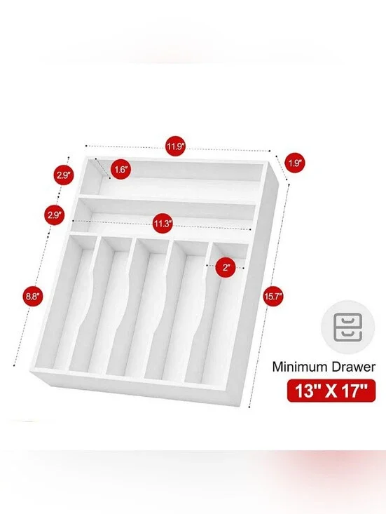 Bamboo Drawer Organizer 7-Slot Silverware Tray - White
