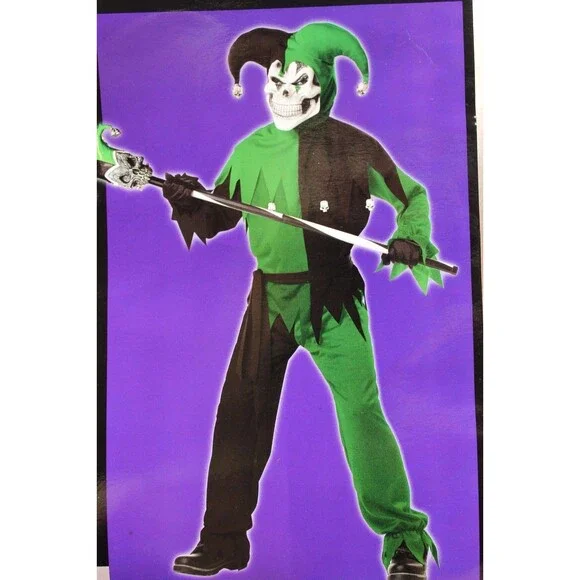 Boys LRG 10 12 Evil‎ Jester Joker Halloween Renaissance Costume Skeleton NEW