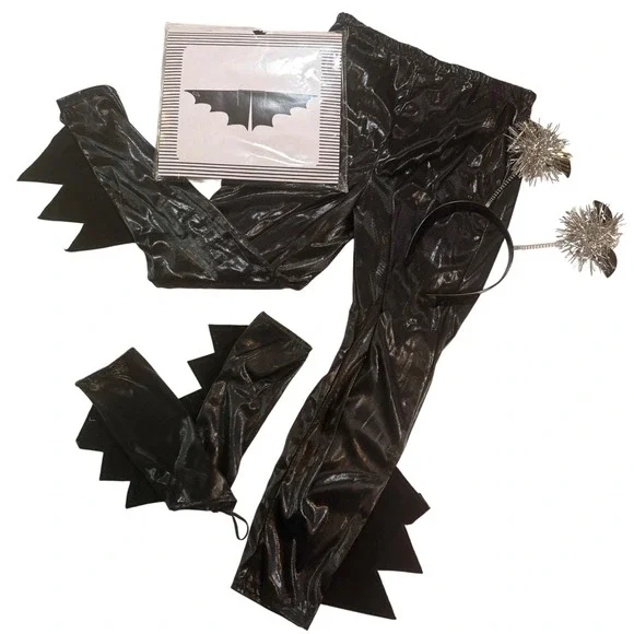 Wishcraft Bat Costume Kids 10 Black Leggings Wings Headband Set Halloween Goth