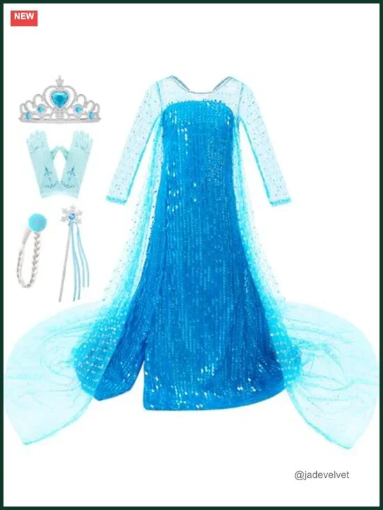 Girls Princess Elsa Sequin Dress Costume with Cape Wig Crown Gloves