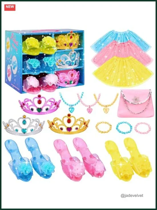 Princess Dress Up Set with Skirts, Heels, Tiaras, Jewelry, Storage Trunk