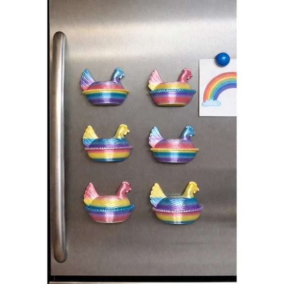 Set 6 Hen On Nest Chicken Fridge Magnets Rainbow 3D Print HON Kitchen Farmhouse