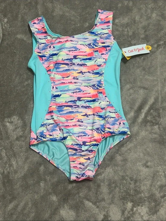Cat & Jack Aqua Multi-Color Dance Leotard with Pastel Print