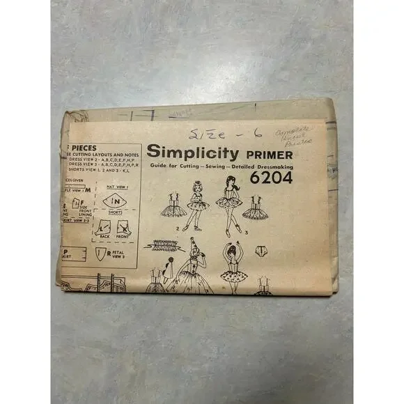 Vintage 1965 Simplicity Primer Pattern #6204 Girls Ballet Costumes‎ Size 6
