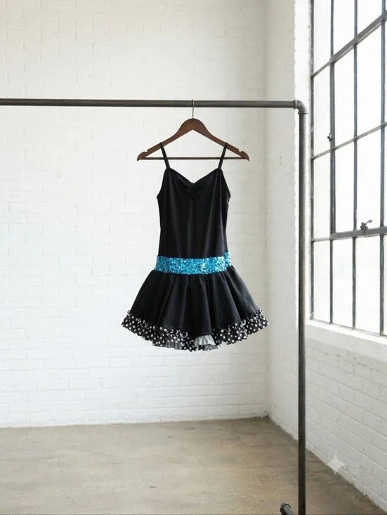 Weissman Black Dance Costume with Blue Sequin Waistband