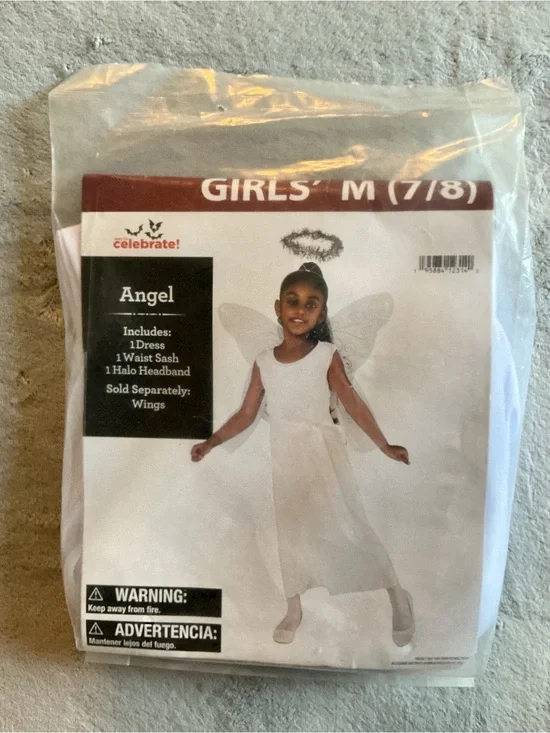 New White Angel Girls Costume Dress Sash and Halo Headband - Size M (7/8)
