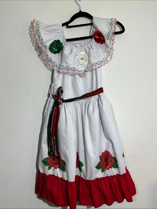 Girls White and Red Folkloric Dress with Green Accents