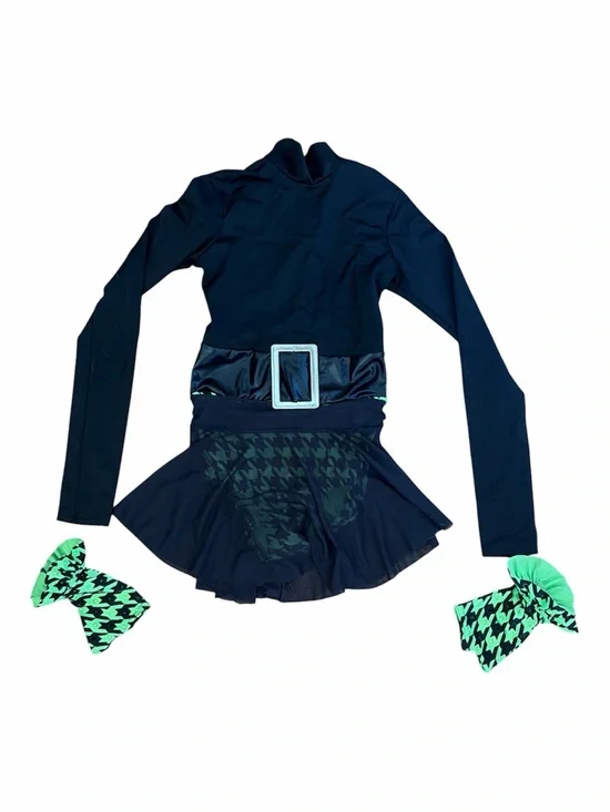 Girls' Black Dance Costume with Green Houndstooth Accents