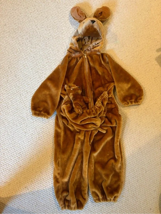 Brown Plush Kangaroo Costume Jumpsuit with Hood