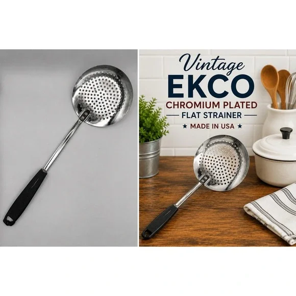 Vintage EKCO Chromium Plated Flat Skimmer Strainer USA Kitchen Tool Utensil