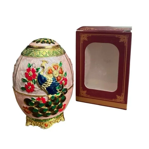 Enamel Retractable Toothpick Holder Peacock Egg-Shaped Decorative 4-1/2
