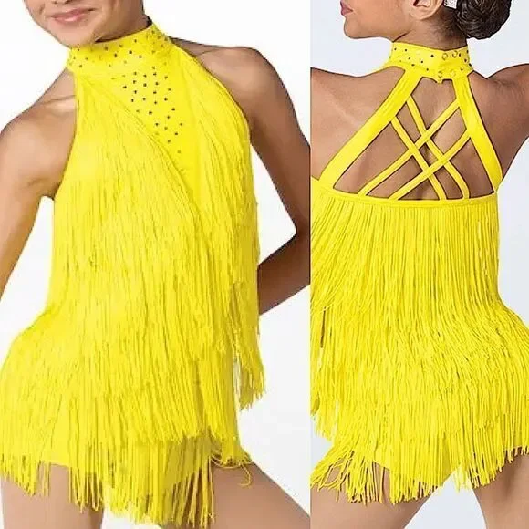 Weissman Dance costume yellow sassy fringe dress Spice Up Your Life 14130 XLC