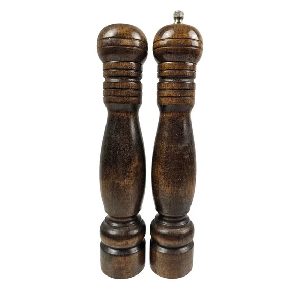 Vintage Dark Wood Salt Shaker and Pepper Mill Set 10 Inch Spindle Turned Brown
