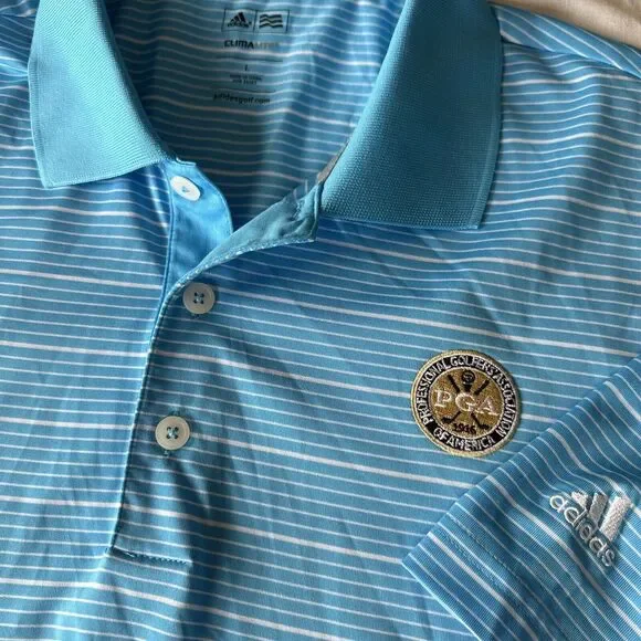 Adidas Golf Polo Men's Large PGA Embroidered Blue Strip‎ Short Sleeve Shirt