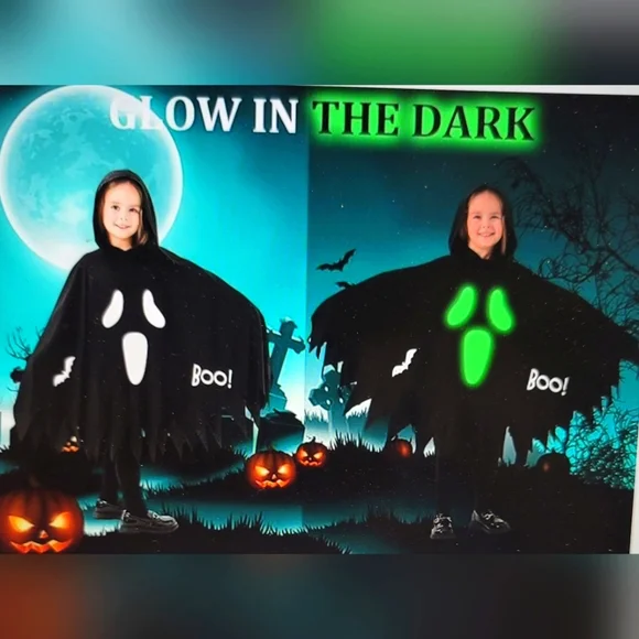 NWT GLOW IN THE DARK GHOST HOODED PANCHO DRESS COSTUME YOUTH 10-12 4 pc set