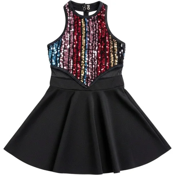 Weissman IC Kids Sequin Rainbow Stripe Dance Costume Skater Dress Black Jazz