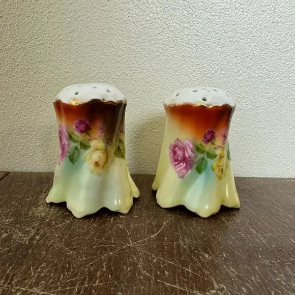 Antique Vintage Germany Porcelain Transferware Floral Salt & pepper‎ Shakers