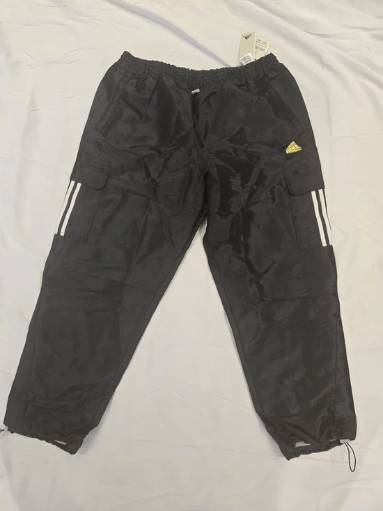 Adidas Black Cargo Windbreaker Track Pants with White Stripes
