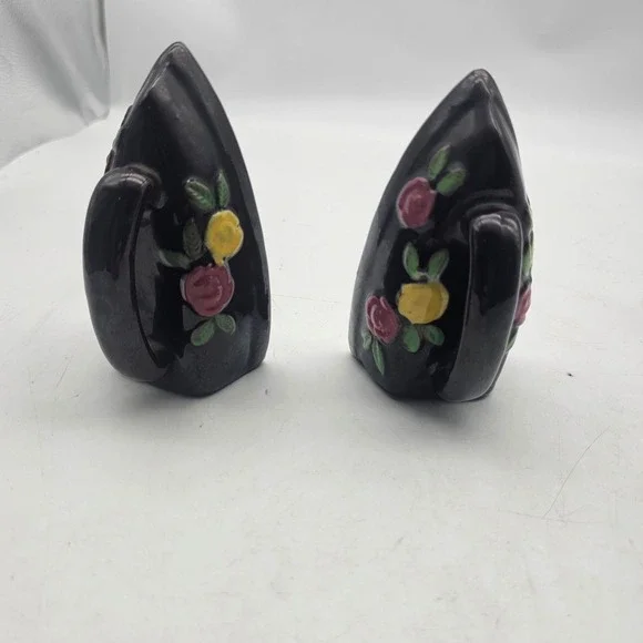 Vintage Black Ceramic Iron Salt & Pepper Shakers Floral Roses Small Set Of 2