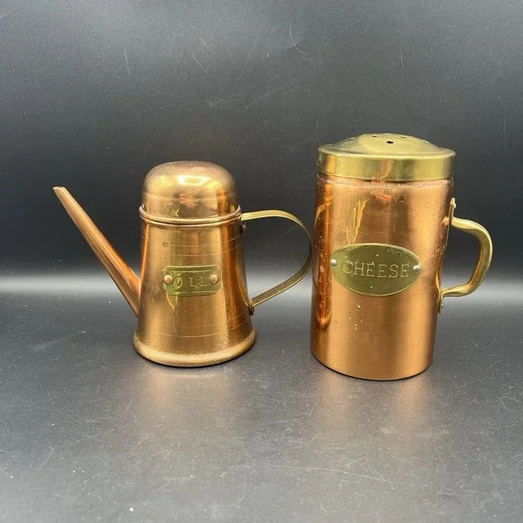 Cheese Shaker And Oil  Solid Copper & Brass Rustic Patina Made in Korea Set Of 2