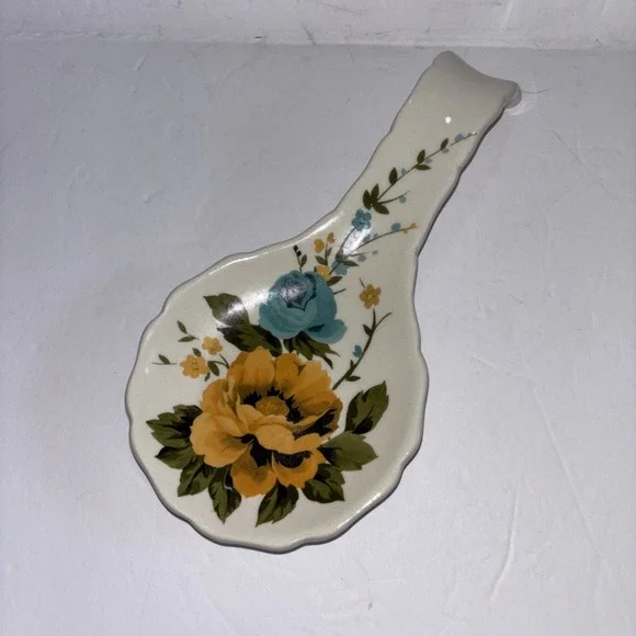 Pioneer Woman Retro Rose Shadow Yellow Floral Stoneware Spoon Holder  8.75
