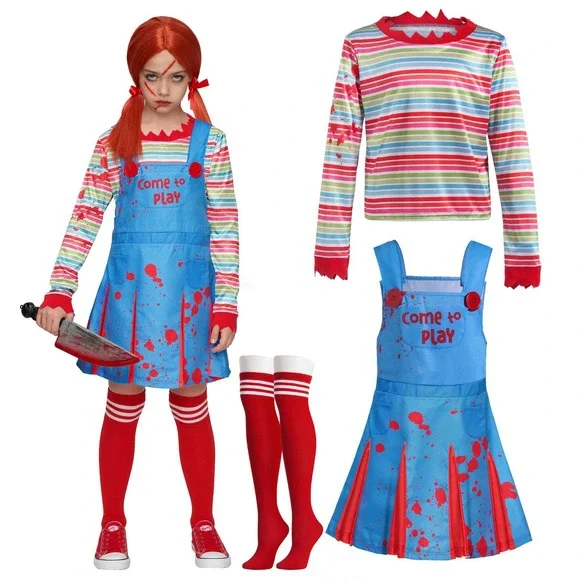 Girls Creepy Doll Costume Size S 5-7yrs Dress Shirt Socks Spooktacular Creations