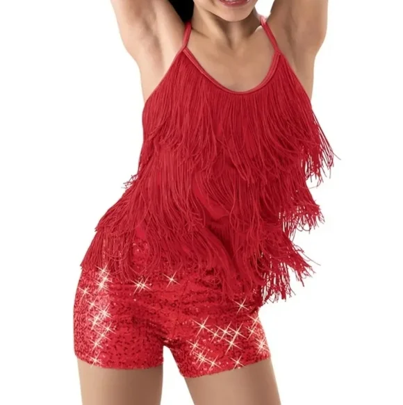 Weissman Red Fringe Sequin Dance Costume