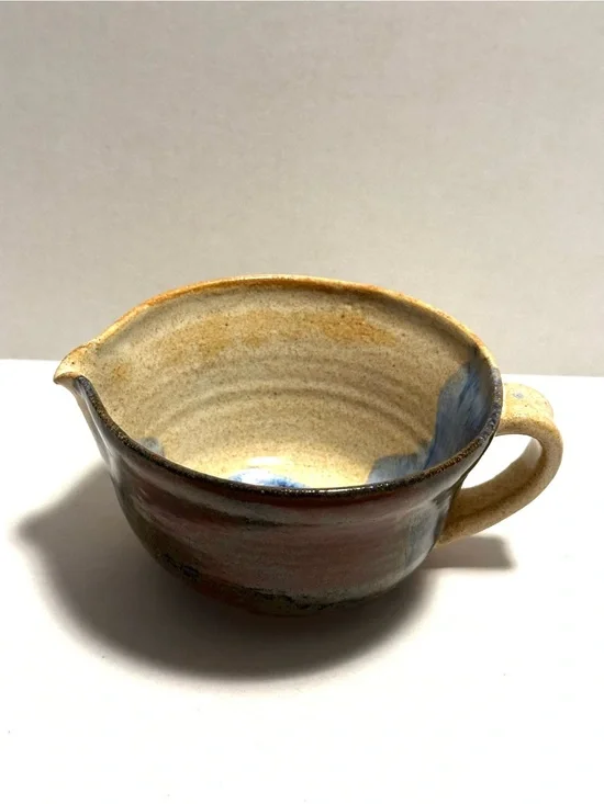 Handcrafted Studio Pottery Ceramic Batter Bowl Pitcher with Blue Glaze Accent