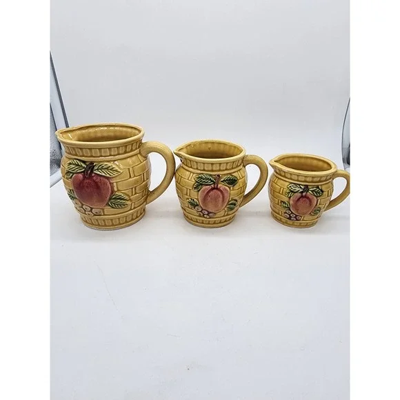 Vintage Ceramic Apple Basketweave Measuring Cup Set Yellow Farmhouse Pitchers
