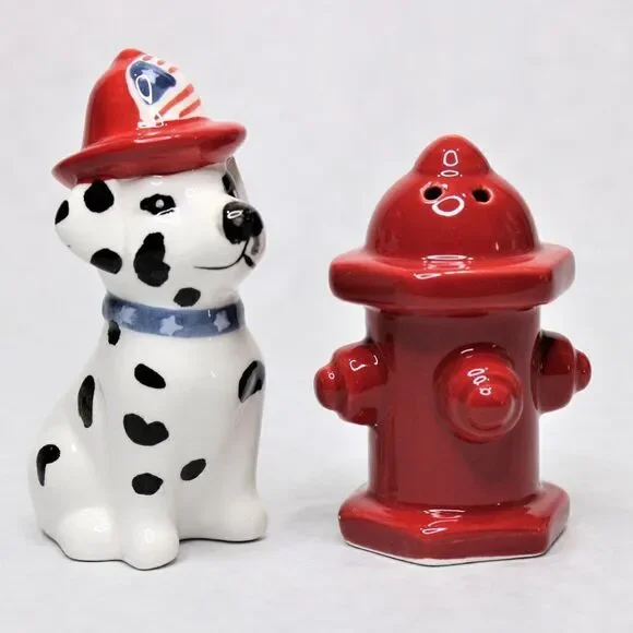 Collectable Dalmatian Puppy Dog & Red Fire Hydrant Salt & Pepper Shakers