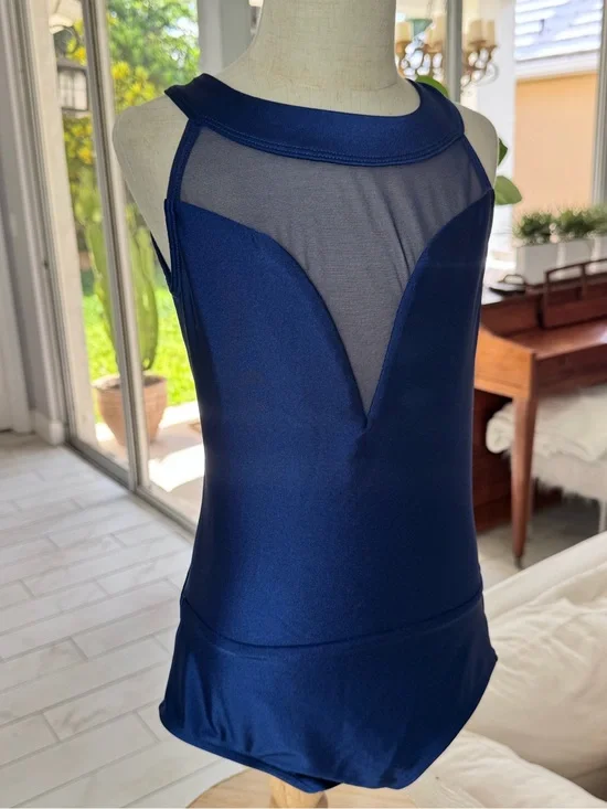 Navy Mesh Accent High Neck Dance Leotard (Girls Size 12)