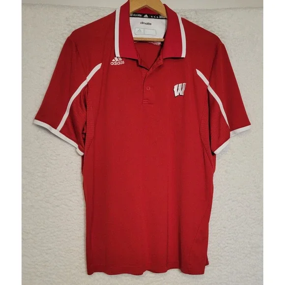Adidas Climalite Wisconsin Badgers Mens XL Embroidered Red Collared T-Shirt 1030